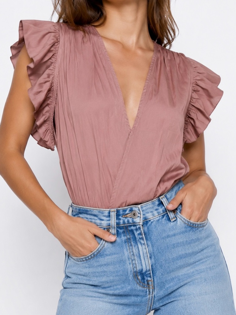 EXPRESS Mauve Wrap Snap Thong Bodysuit Ruffle Flutter Sleeves Top Blouse